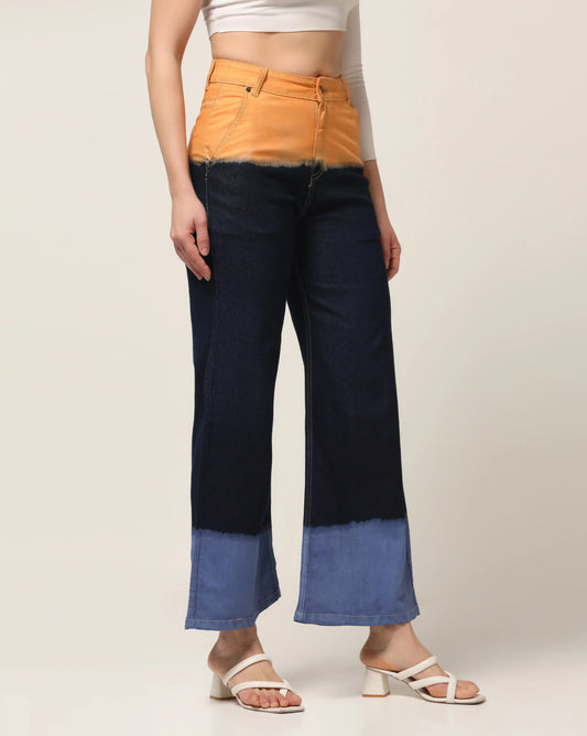 Kagad Jeans Womens High Rise Wide Leg Flared Multi Color Ombray Dyed Denim Jeans - Style Code "KGDJNS-404018