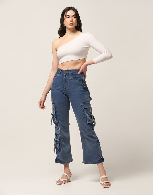Kagad Jeans Womens High Rise Wide Leg Regular Fit Mid blue Denim Cargo Pocket Jeans - Style Code "KGDJGR-404007