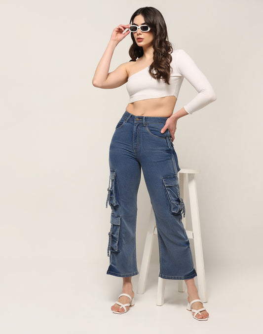 Kagad Jeans Womens High Rise Wide Leg Regular Fit Mid blue Denim Cargo Pocket Jeans - Style Code "KGDJGR-404007