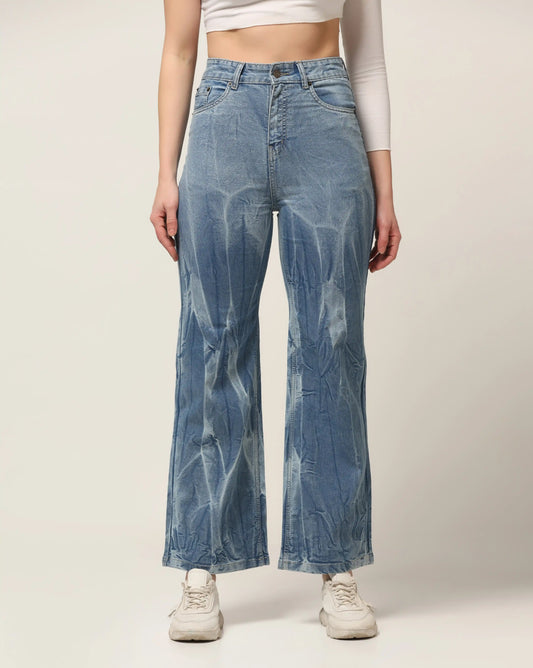 Kagad Jeans Womens High Rise Wide Leg Flared Light Blue Tie Dyed Denim Jeans - Style Code "KGDJNS-404022