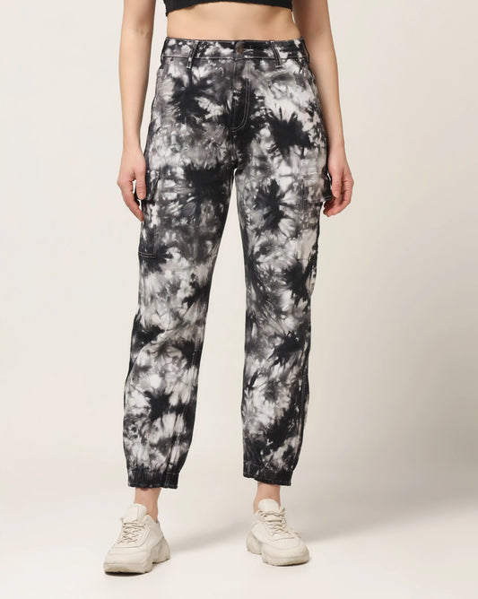 Kagad Jeans Womens High Rise Regular Fit Off White Charcoal Grey Tie Dyed Denim Jeans Jogger - Style Code "KGDJGR-404003