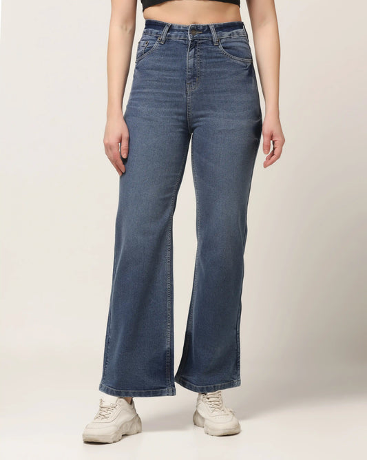 Kagad Jeans Womens High Rise Wide Leg Flared Vintage Blue Dyed Denim Jeans - Style Code "KGDJNS-404027