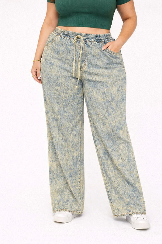 Womens high rise elasticated waist loose straight fit Jeans KGDJNS-404035