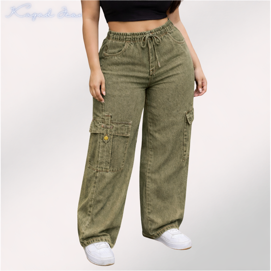 Womens elasticated waist loose straight fit Cargo Jeans KGDJNS-404044
