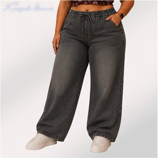 Womens elasticated High Rise waist loose straight fit Jeans KGDJNS-404049