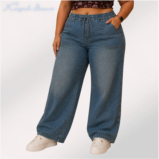 Womens elasticated High Rise waist loose straight fit Jeans KGDJNS-404050