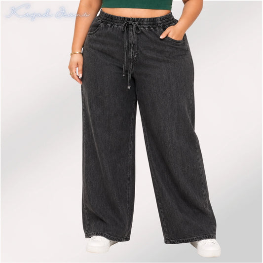 Womens high rise elasticated waist loose straight fit Jeans KGDJNS-404054