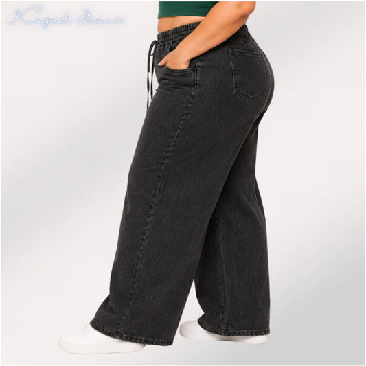Womens high rise elasticated waist loose straight fit Jeans KGDJNS-404054