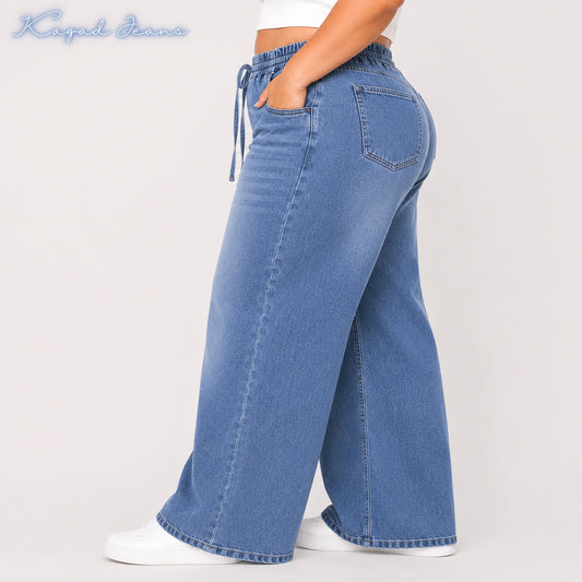 Womens high rise elasticated waist loose straight fit Jeans KGDJNS-404055