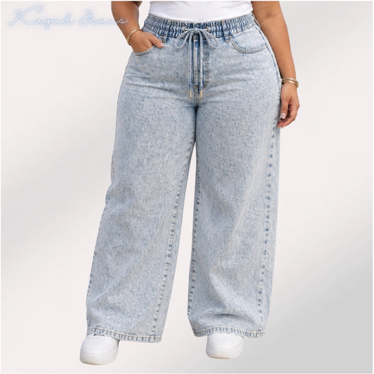 Womens high rise elasticated waist loose straight fit Jeans KGDJNS-404056