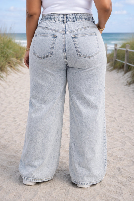 Womens high rise elasticated waist loose straight fit Jeans KGDJNS-404056
