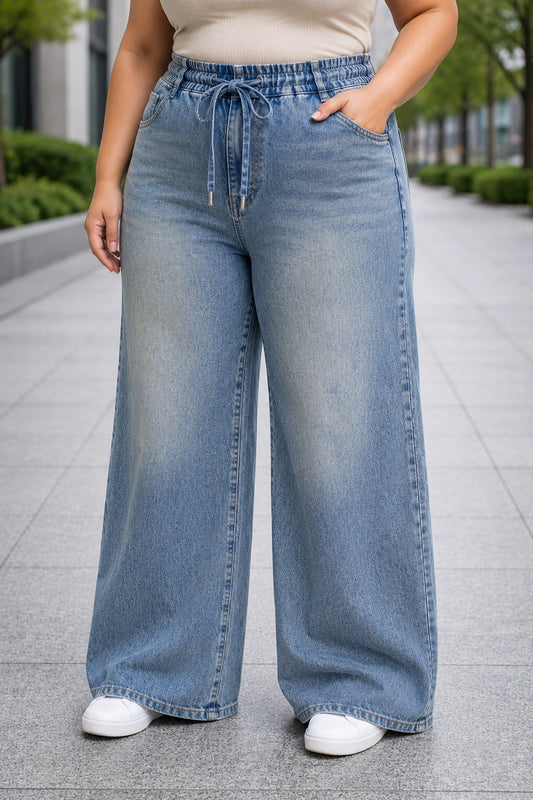Womens high rise elasticated waist loose straight fit Jeans KGDJNS-404057