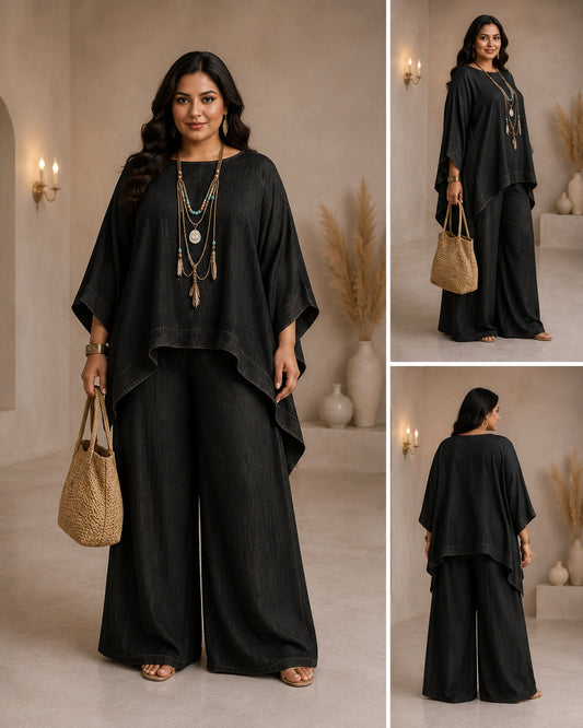Women's Plus Size Relaxed Co-ord Set with Wide Leg Palazzo – Vintage Black