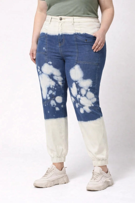 Kagad Jeans Womens High Rise Regular Fit Off White Indigo Blue Ombray Dyed Denim Jogger - Style Code "KGDJGR-404004