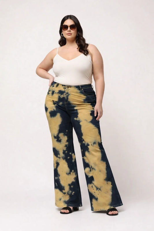Kagad Jeans Womens High Rise Wide Leg Flared Navy Rich Cream Tie Dyed Denim Jeans - Style Code "KGDJNS-404014