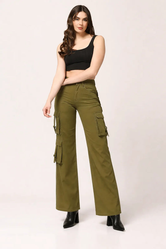 Kagad Jeans Womens High Rise Wide Leg Regular Fit Olive Green Denim Cargo Pocket Jeans - Style Code "KGDJGR-404009