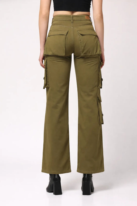 Kagad Jeans Womens High Rise Wide Leg Regular Fit Olive Green Denim Cargo Pocket Jeans - Style Code "KGDJGR-404009