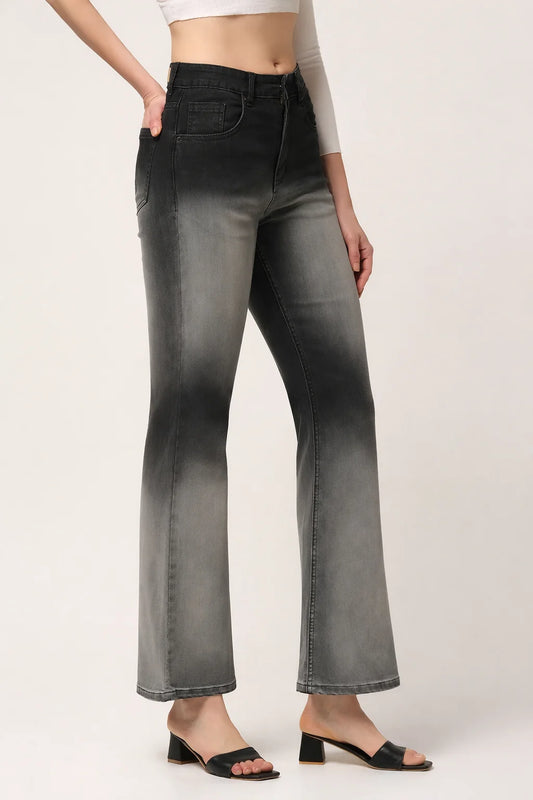 Kagad Jeans Womens High Rise Boot Cut Black Grey Ombray Dyed Denim Jeans - Style Code "KGDJNS-404016