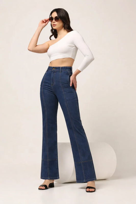 Kagad Jeans Womens High Rise Wide Leg Regular Fit Indigo Blue Denim Jeans - Style Code "KGDJNS-404015