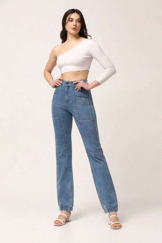 Kagad Jeans Womens High Rise Regular Fit Cut And Sew Light Blue Denim Jeans - Style Code "KGDJNS-404019