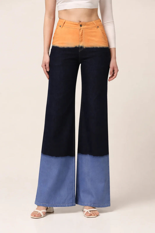 Kagad Jeans Womens High Rise Wide Leg Flared Multi Color Ombray Dyed Denim Jeans - Style Code "KGDJNS-404018