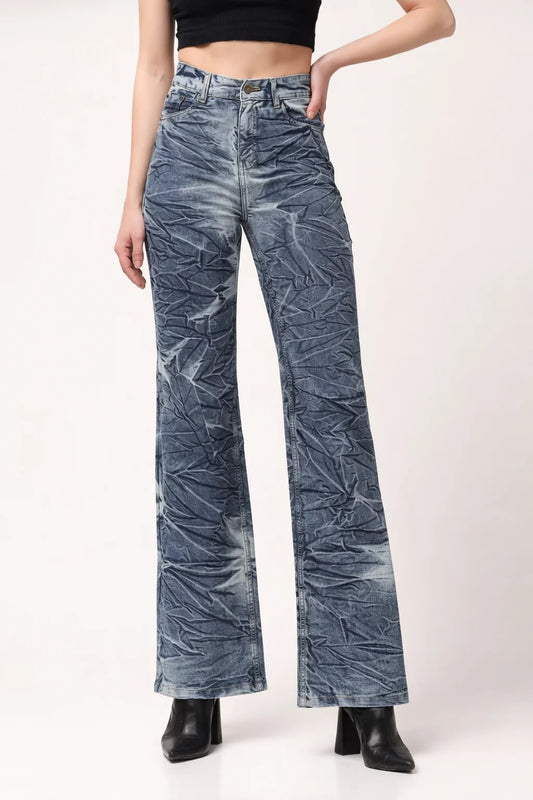 Kagad Jeans Womens High Rise Wide Leg Flared Navy Off White Tie Dyed Denim Jeans - Style Code "KGDJNS-404025
