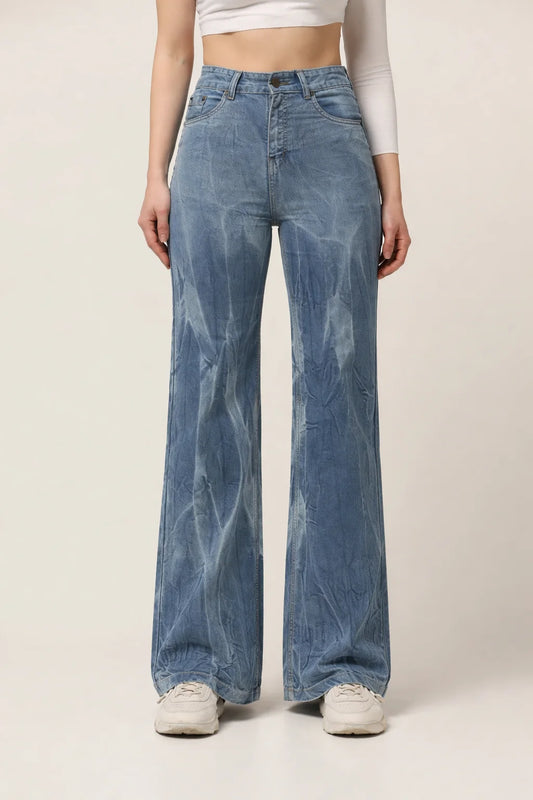 Kagad Jeans Womens High Rise Wide Leg Flared Light Blue Tie Dyed Denim Jeans - Style Code "KGDJNS-404022