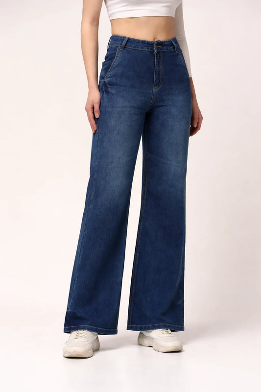 Kagad Jeans Womens High Rise Wide Leg Flared Mid Blue Denim Jeans - Style Code "KGDJNS-404012