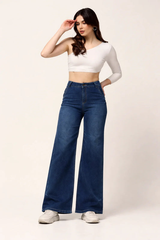 Kagad Jeans Womens High Rise Wide Leg Flared Mid Blue Denim Jeans - Style Code "KGDJNS-404012