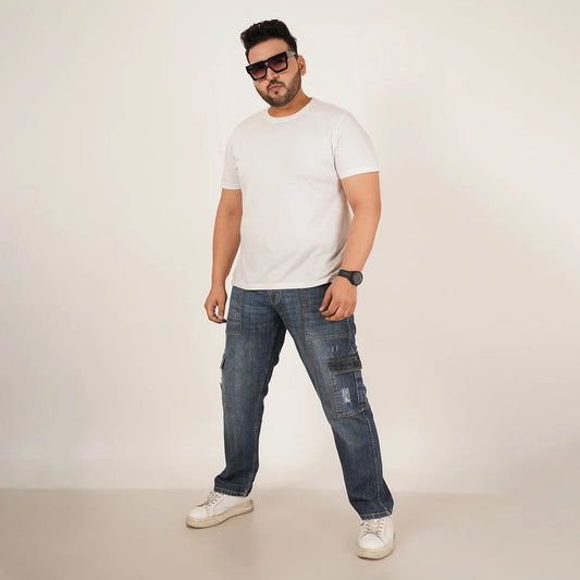 Kagad Jeans Mens Plus Size Straight Fit Sea Blue Tint Color Denim Cargo Jeans - Style Code "KGDCR-406048