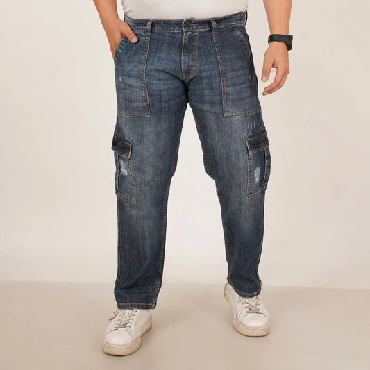 Kagad Jeans Mens Plus Size Straight Fit Sea Blue Tint Color Denim Cargo Jeans - Style Code "KGDCR-406048
