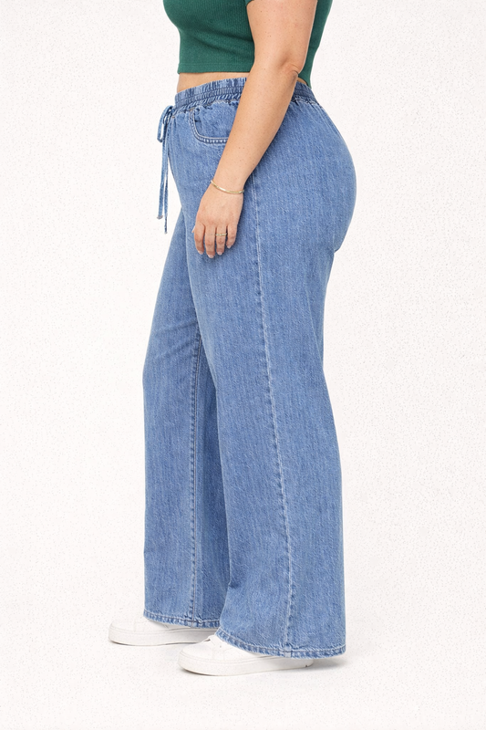 Womens high rise elasticated waist loose straight fit Jeans KGDJNS-404028