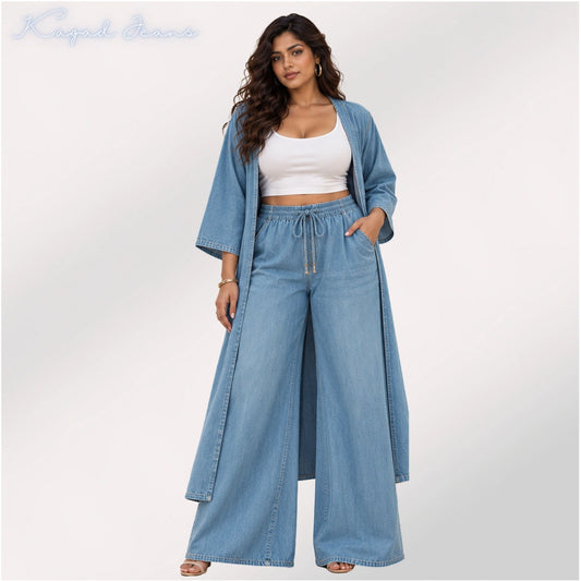 Women’s Vintage Washed Denim Co-ord Set with Shrug & Palazzo - KGDJNS-404088