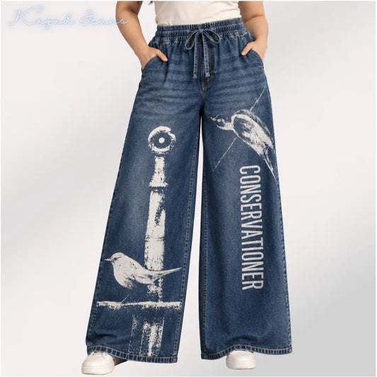 Women's high rise elasticated waist loose straight fit Printed Jeans - KGDJNS-404092