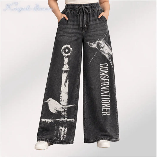 Women's high rise elasticated waist loose straight fit Printed Jeans - KGDJNS-404093