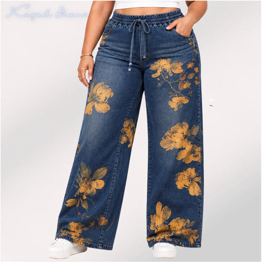 Women's high rise elasticated waist loose straight fit Printed Jeans - KGDJNS-404095
