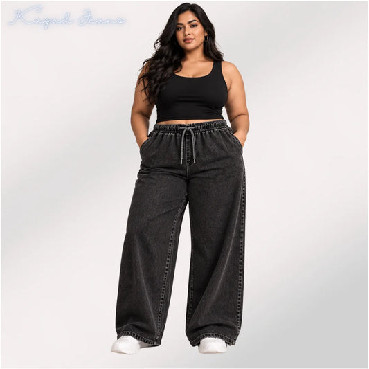 Womens elasticated waist loose straight fit Jeans KGDJNS-404103