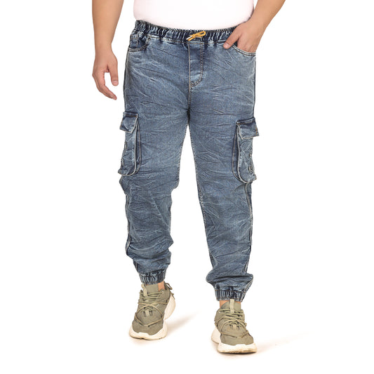 Kagad Jeans Men Regular and Plus Size Cargo Pocket Mid Blue Textured Indigo Denim Jogger - Style Code "KGDJGR-406013