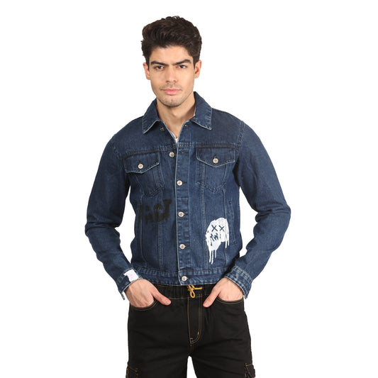 Kagad Jeans Men Regular Fit Dark Blue Printed Denim Jacket - Style Code "KGDJKT-402002