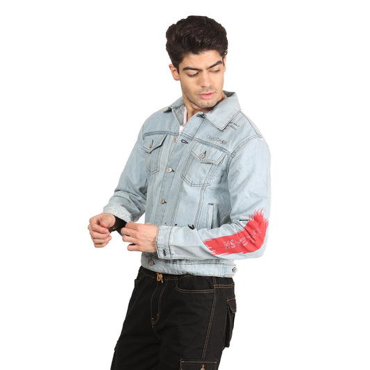 Kagad Jeans Men Regular Fit Light Blue Printed Denim Jacket - Style Code "KGDJKT-402003