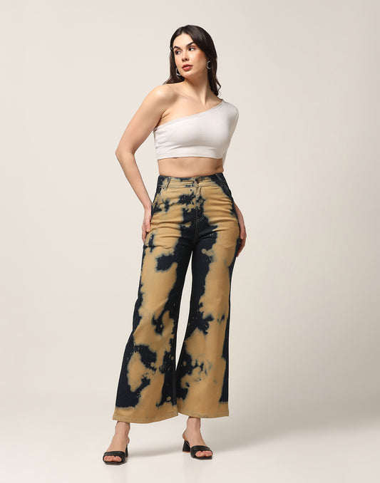 Kagad Jeans Womens High Rise Wide Leg Flared Navy Rich Cream Tie Dyed Denim Jeans - Style Code "KGDJNS-404014