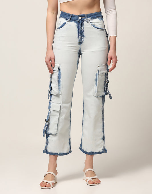 Kagad Jeans Womens High Rise Wide Leg Regular Fit White blue Denim Cargo Pocket Jeans - Style Code "KGDJGR-404006