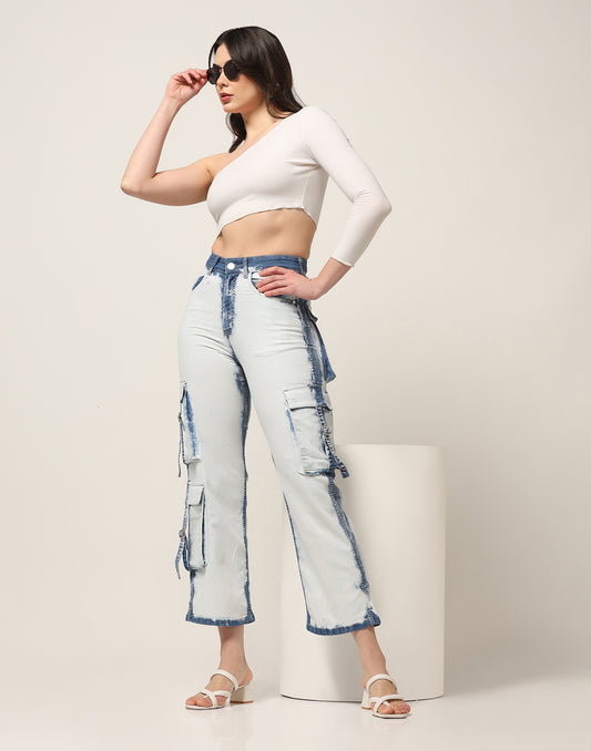 Kagad Jeans Womens High Rise Wide Leg Regular Fit White blue Denim Cargo Pocket Jeans - Style Code "KGDJGR-404006