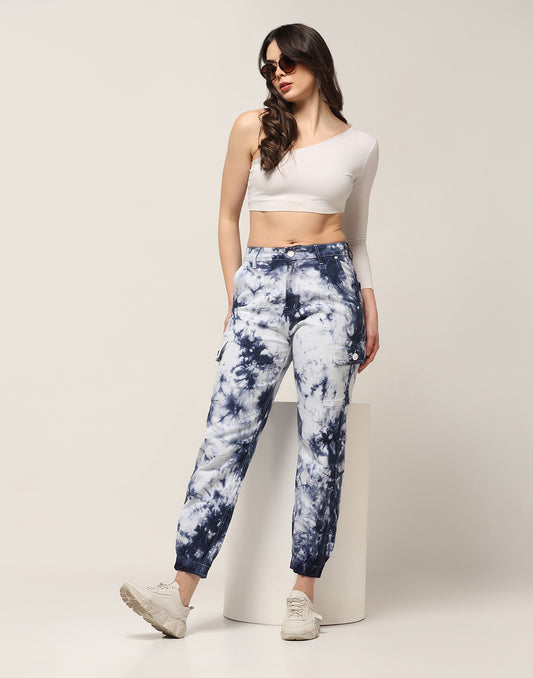 Kagad Jeans Womens High Rise Regular Fit White Blue Tie Dyed Denim Jeans Jogger - Style Code "KGDJGR-404001