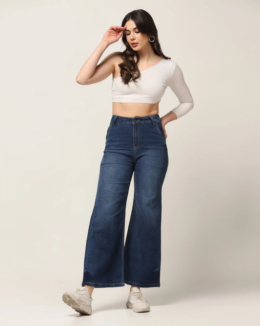 Kagad Jeans Womens High Rise Wide Leg Flared Mid Blue Denim Jeans - Style Code "KGDJNS-404012