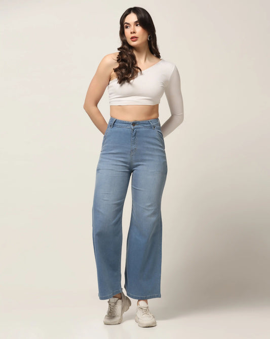 Kagad Jeans Womens High Rise Wide Leg Flared Light Blue Denim Jeans - Style Code "KGDJNS-404023