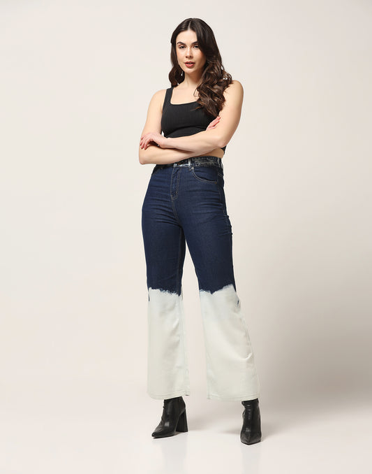 Kagad Jeans Womens High Rise Wide Leg Flared Navy Off White Ombray Dyed Denim Jeans - Style Code "KGDJNS-404024