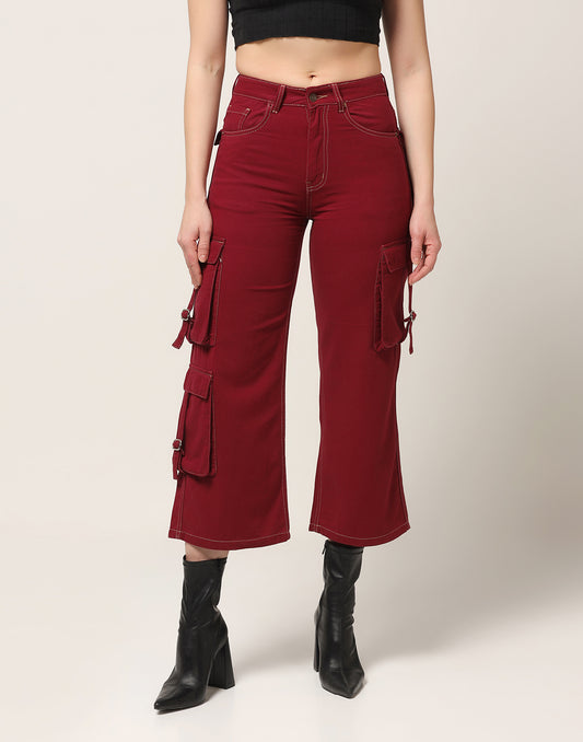 Kagad Jeans Womens High Rise Wide Leg Regular Fit Crimson Red Denim Cargo Pocket Jeans - Style Code "KGDJGR-404008