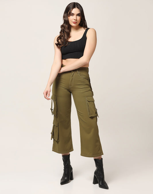 Kagad Jeans Womens High Rise Wide Leg Regular Fit Olive Green Denim Cargo Pocket Jeans - Style Code "KGDJGR-404009