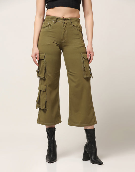 Kagad Jeans Womens High Rise Wide Leg Regular Fit Olive Green Denim Cargo Pocket Jeans - Style Code "KGDJGR-404009